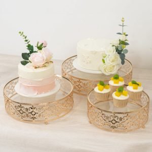 Set of 3 Baroque Gold Metal Dessert Stand with Glass Top